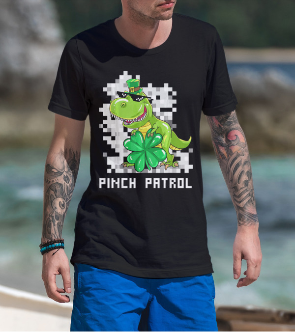 St Patrick Day Dinosaur Pinch Patrol Pixelated Clover And Hat T-Shirt