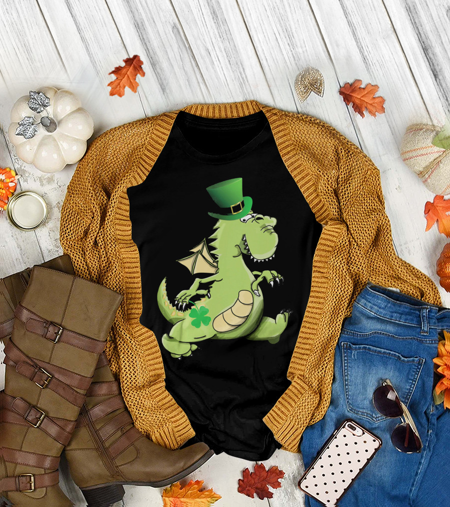 St Patrick's Day Dragon Wearing Leprechaun Hat with Shamrock T-Shirt