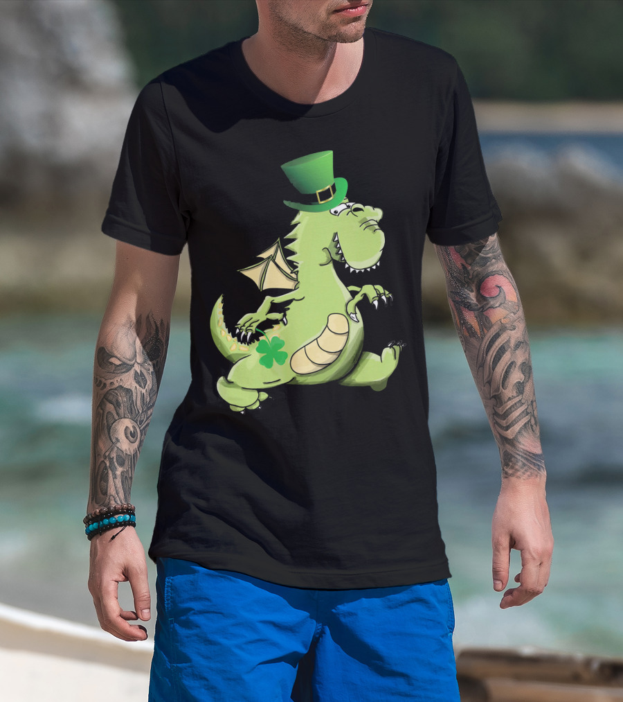 St Patrick's Day Dragon Wearing Leprechaun Hat With Shamrock T-Shirt
