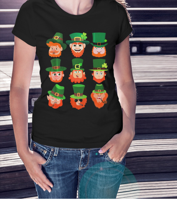 Funny Leprechaun Emotion Feeling Faces With Green Hats And Red Beards T-Shirt
