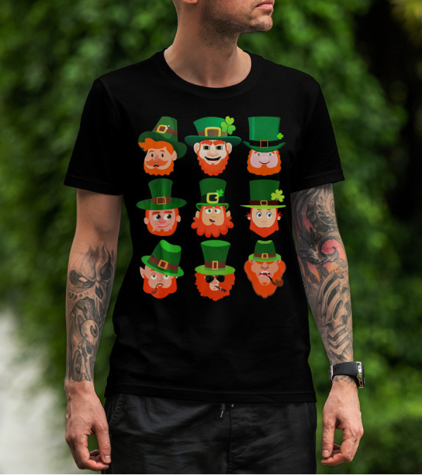 Funny Leprechaun Emotion Feeling Faces With Green Hats And Red Beards T-Shirt