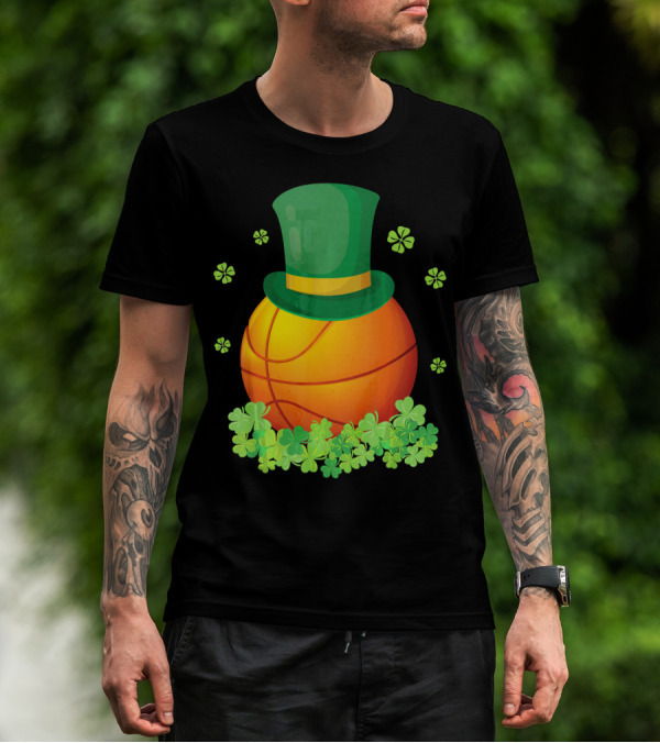 Basketball With Leprechaun Hat And Shamrocks Playing Around T-Shirt