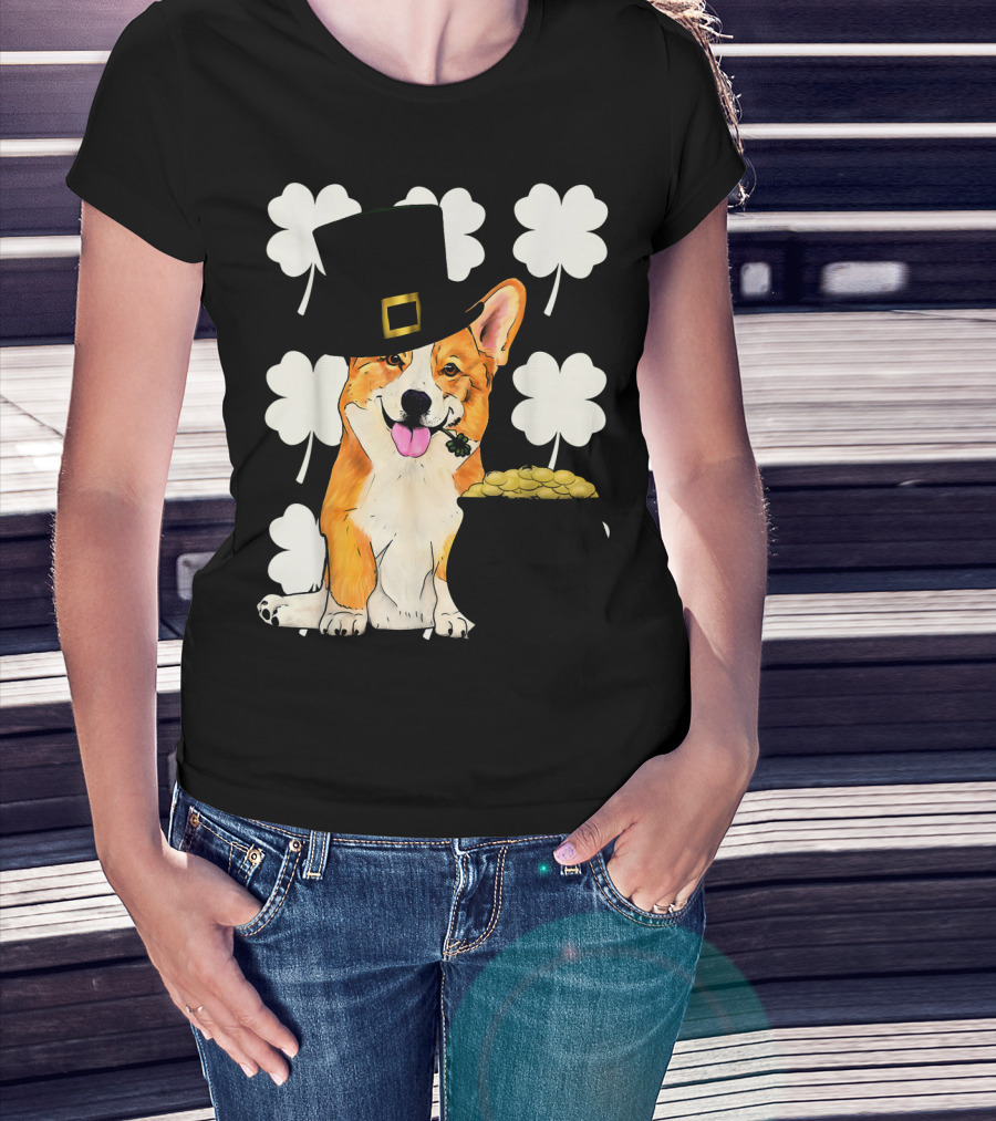 Irish Corgi St. Patricks Day Clover Leprechaun Hat And Pot Of Gold T-Shirt