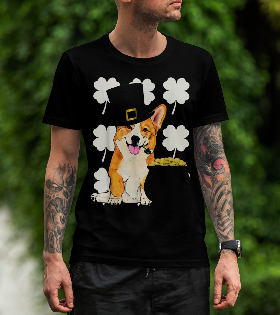 Irish Corgi St. Patricks Day Clover Leprechaun Hat And Pot Of Gold T-Shirt