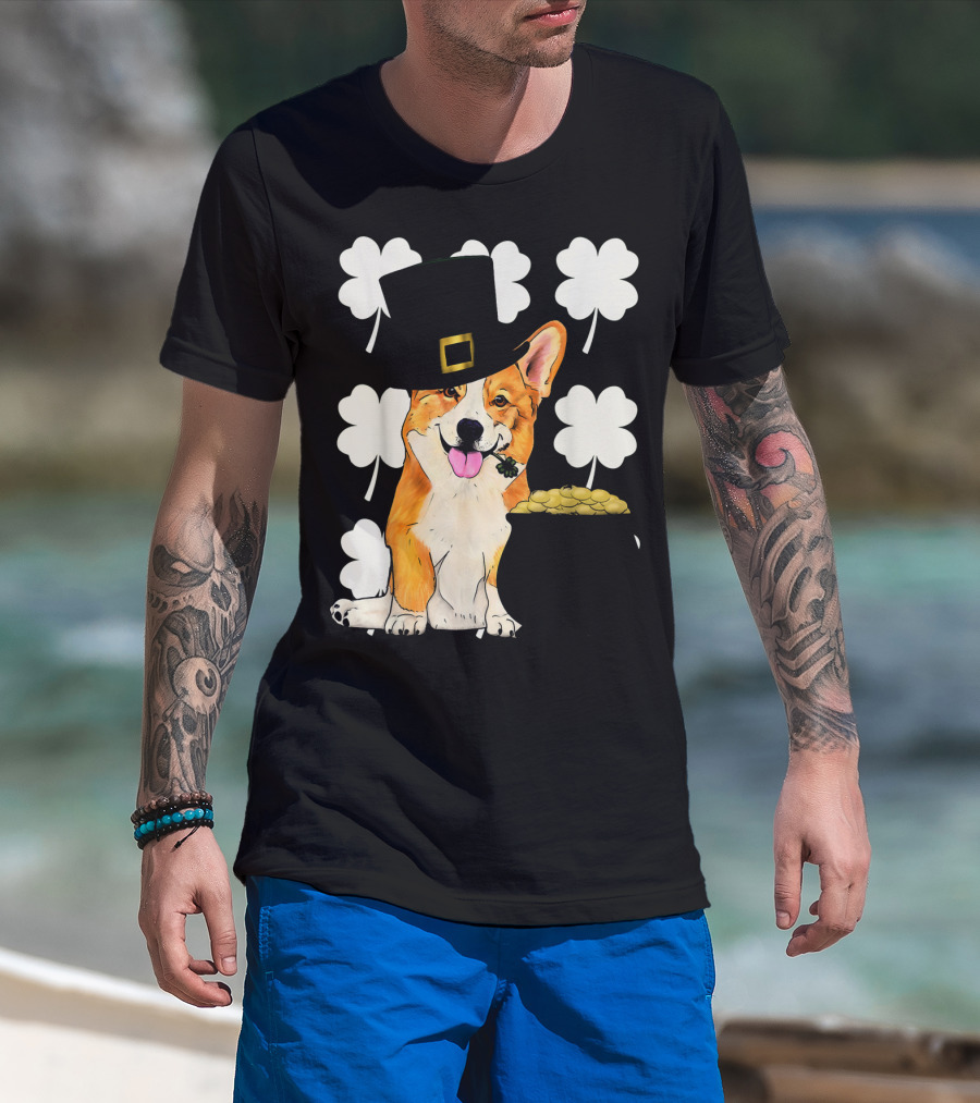 Irish Corgi St. Patricks Day Clover Leprechaun Hat And Pot Of Gold T-Shirt