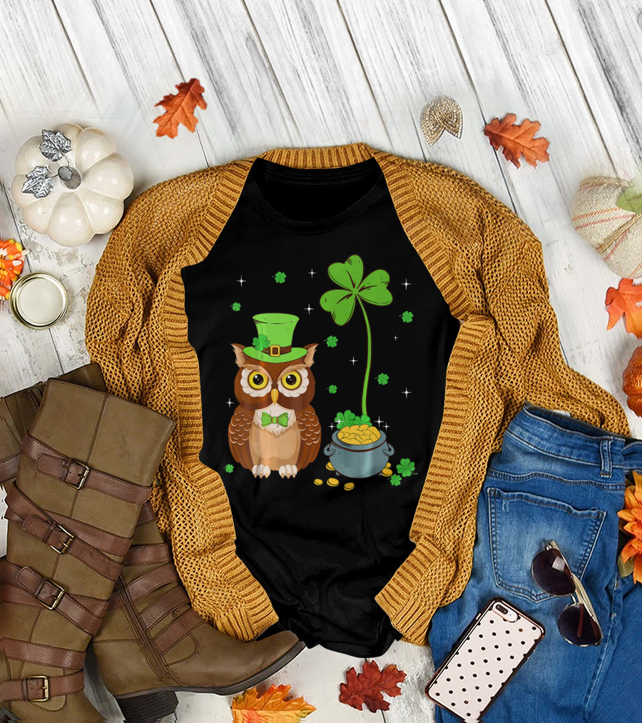Shamrock Leprechaun Owl Pot of Gold T-Shirt