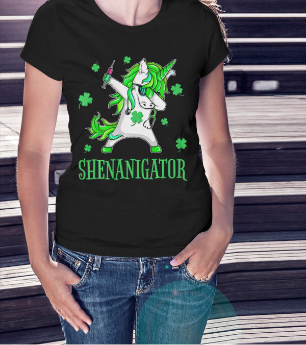 Unicorn Dabbing Shenanigator With Shamrocks And Syringe T-Shirt