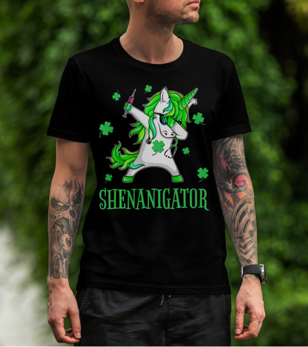 Unicorn Dabbing Shenanigator With Shamrocks And Syringe T-Shirt