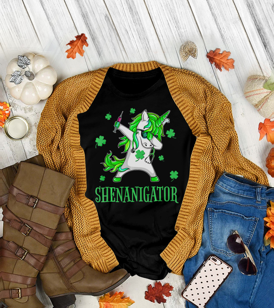 Unicorn Dabbing Shenanigator with Shamrocks and Syringe T-Shirt