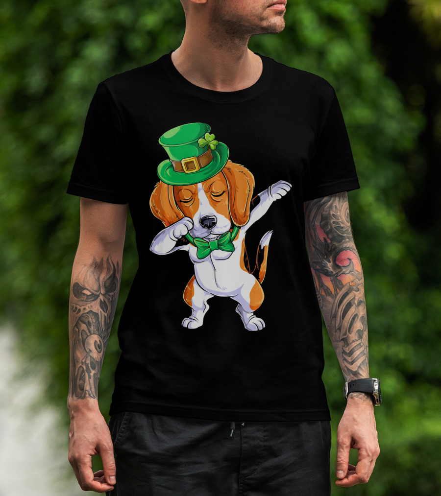 Dabbing Beagle St Patricks Day Boys Leprechaun Hat Bow Tie Shamrock T-Shirt