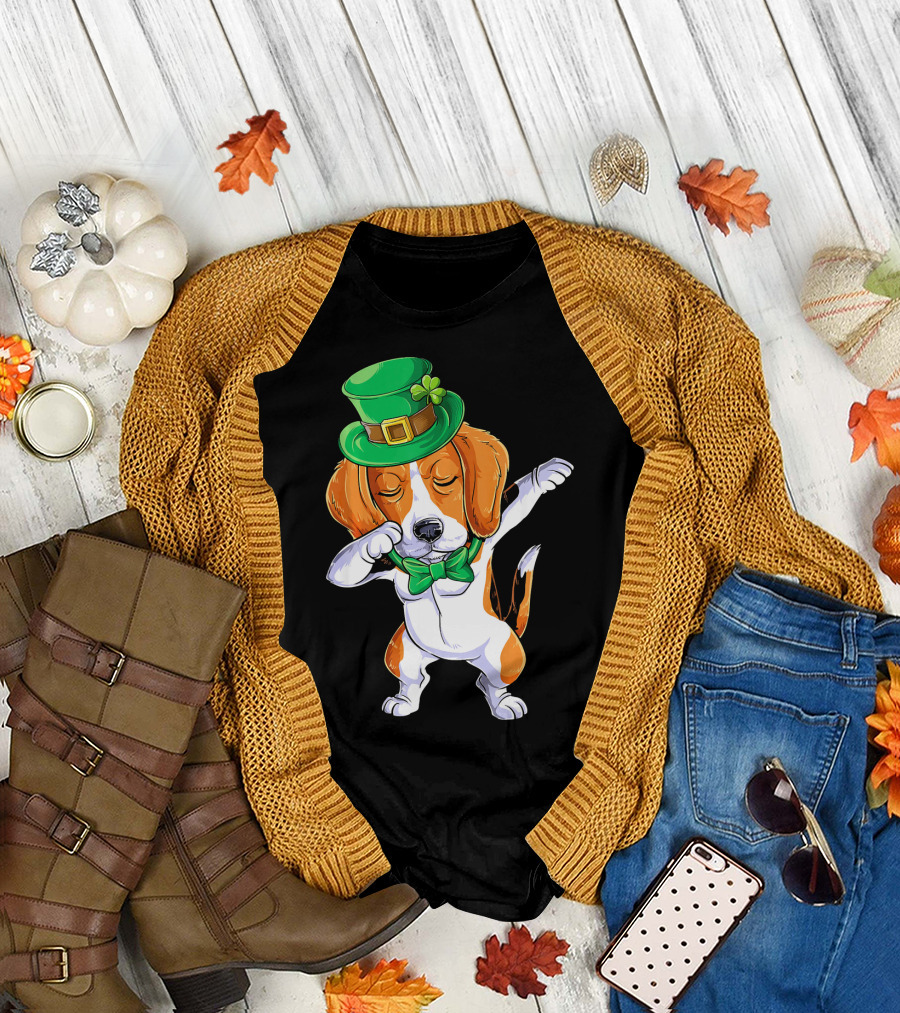 Dabbing Beagle St Patricks Day Boys Leprechaun Hat Bow Tie Shamrock T-Shirt