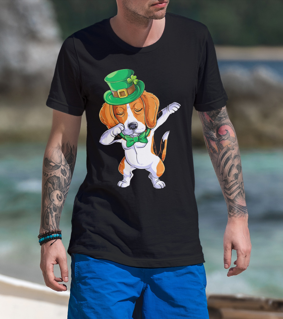 Dabbing Beagle St Patricks Day Boys Leprechaun Hat Bow Tie Shamrock T-Shirt
