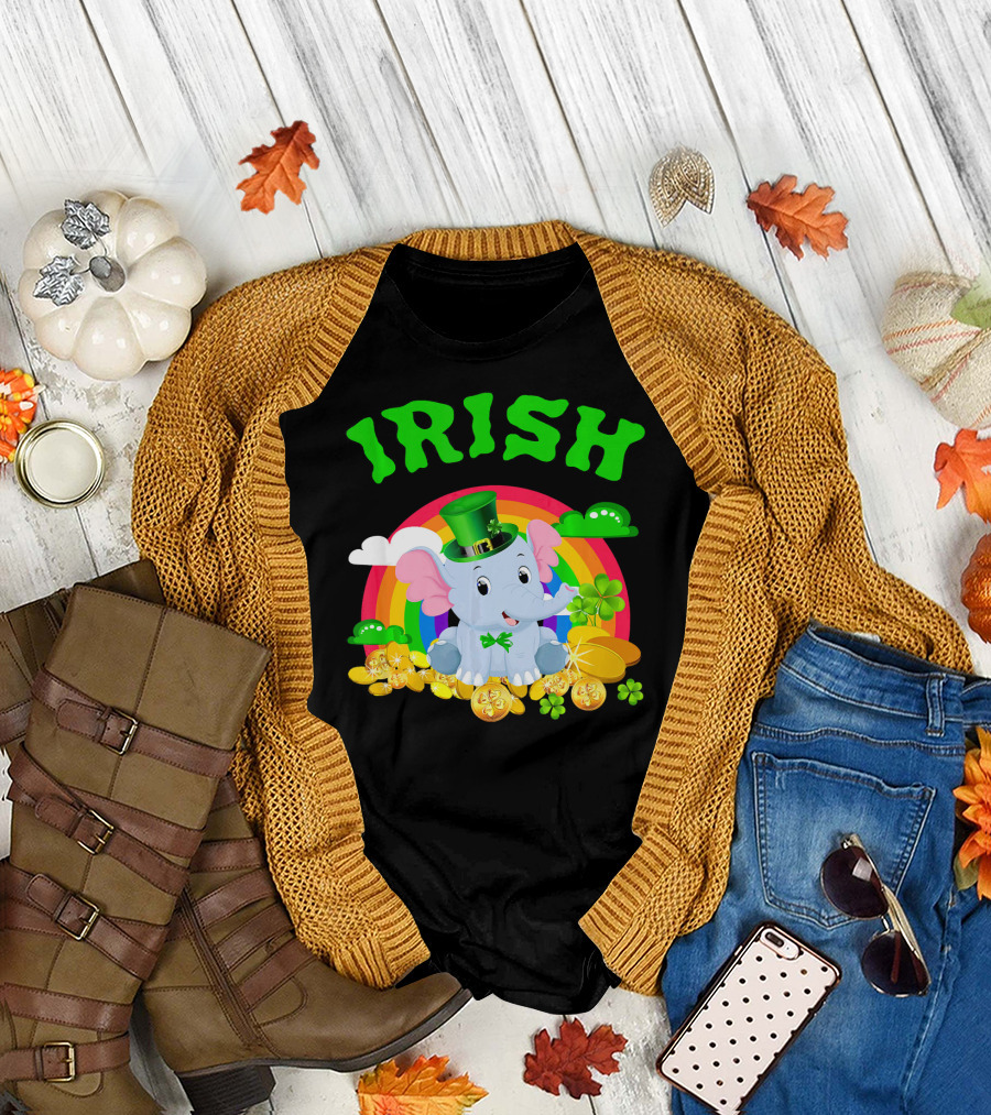 Irish Elephant St Patricks Day Rainbow Coins Clover T-Shirt
