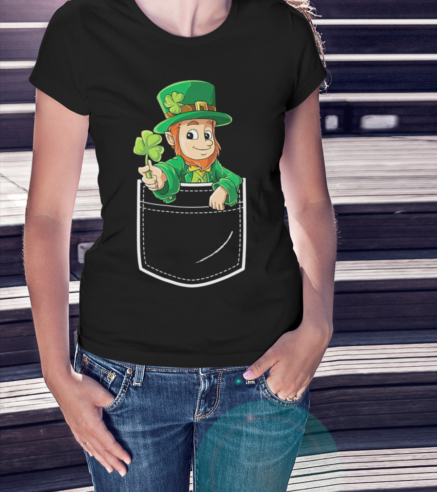 Leprechaun Holding Shamrock In Pocket For St Patricks Day T-Shirt