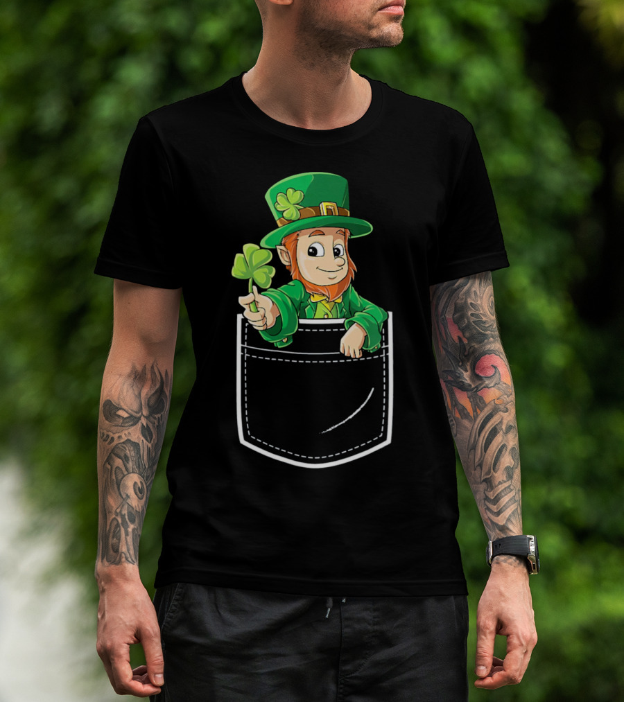Leprechaun Holding Shamrock In Pocket For St Patricks Day T-Shirt