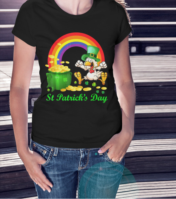 St Patrick's Day Chicken Leprechaun With Pot Of Gold And Rainbow T-Shirt