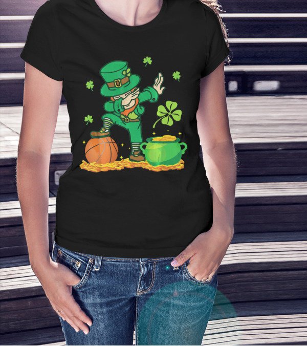 Leprechaun Dab With Basketball And Pot Of Gold Filled With Coins And Shamrocks T-Shirt
