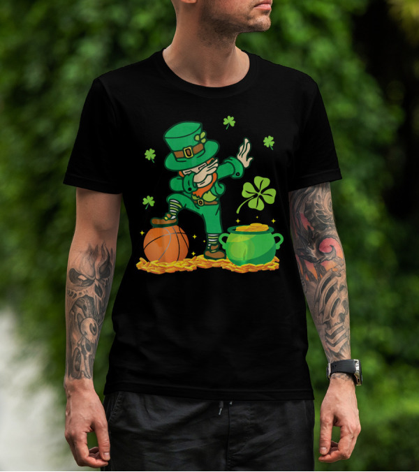 Leprechaun Dab With Basketball And Pot Of Gold Filled With Coins And Shamrocks T-Shirt