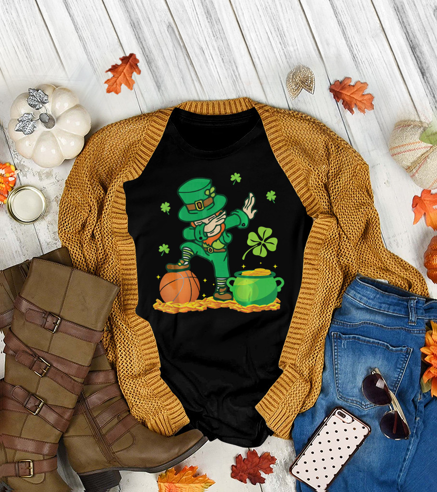 Leprechaun Dab with Basketball and Pot of Gold Filled with Coins and Shamrocks T-Shirt