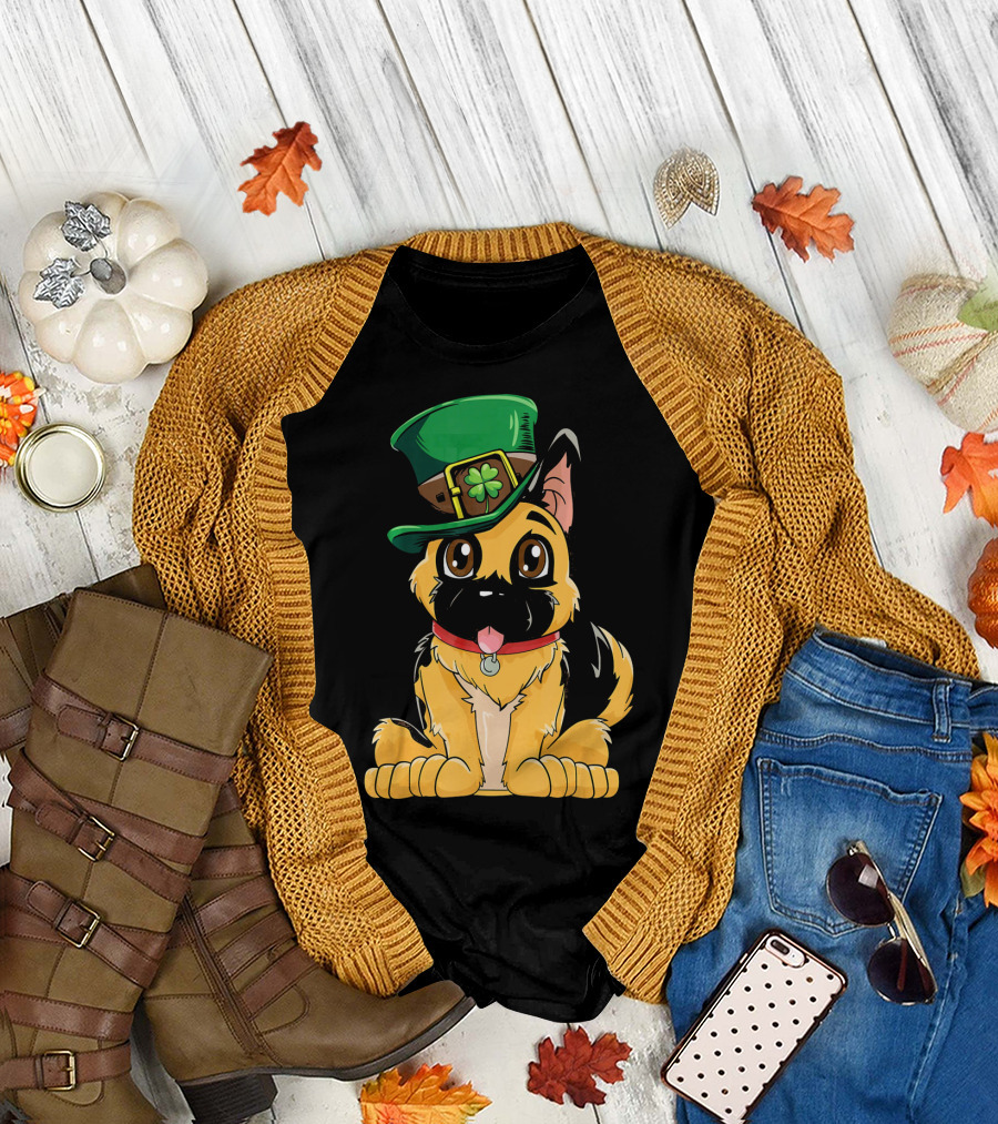 German Shepherd Wearing Leprechaun Hat with Clover T-Shirt