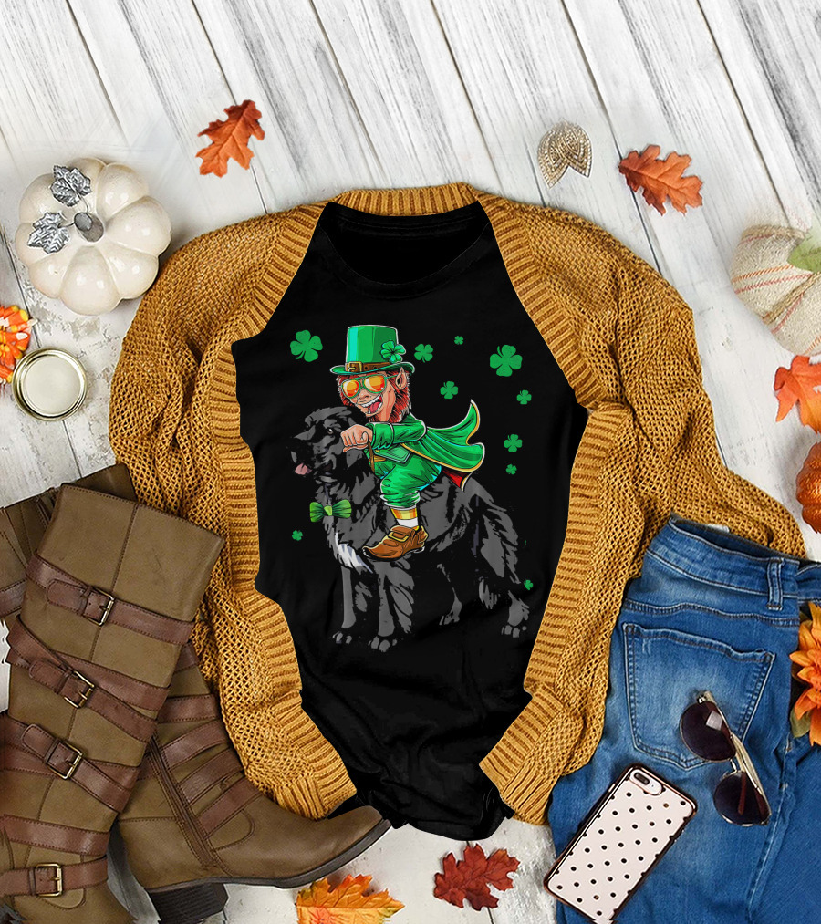 Leprechaun Riding Newfoundland Dog with Shamrocks for St. Pat's Day T-Shirt