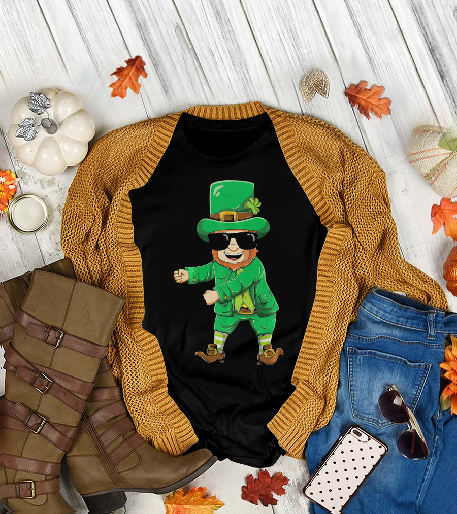 Flossing Leprechaun with Sunglasses Green Outfit and Shamrock Hat T-Shirt