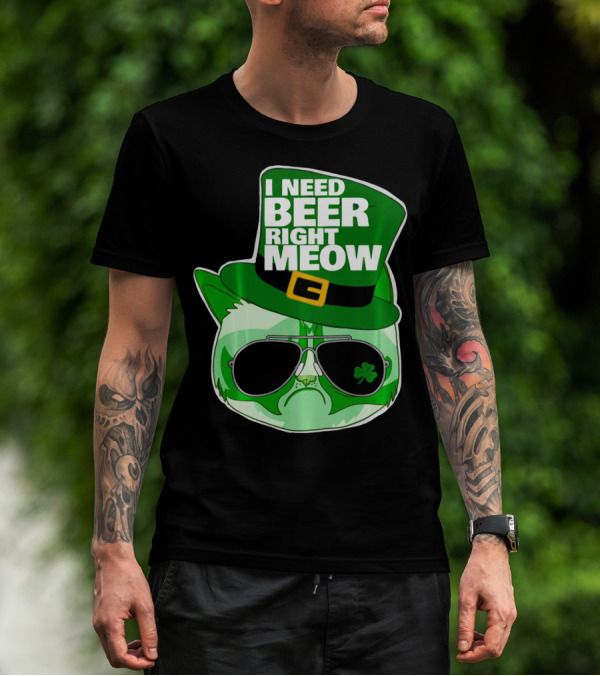 I Need Beer Right Meow Funny St Patricks Day Cat With Green Leprechaun Hat And Sunglasses T-Shirt