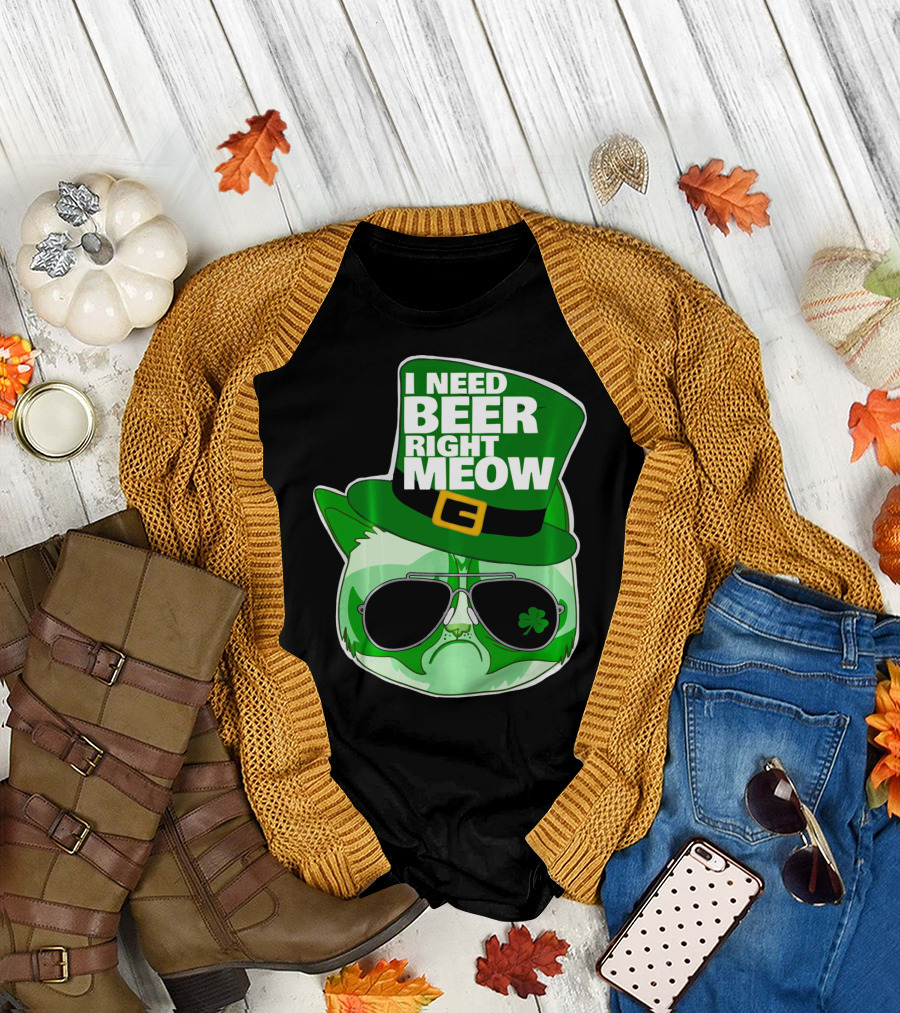 I Need Beer Right Meow Funny St Patricks Day Cat with Green Leprechaun Hat and Sunglasses T-Shirt