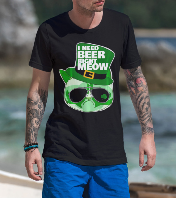 I Need Beer Right Meow Funny St Patricks Day Cat With Green Leprechaun Hat And Sunglasses T-Shirt