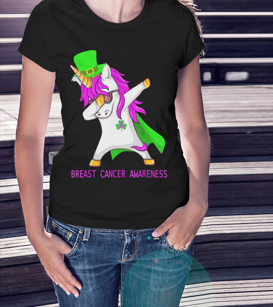 Unicorn Breast Cancer Awareness Dabbing With Green Hat And Clover Patrick T-Shirt
