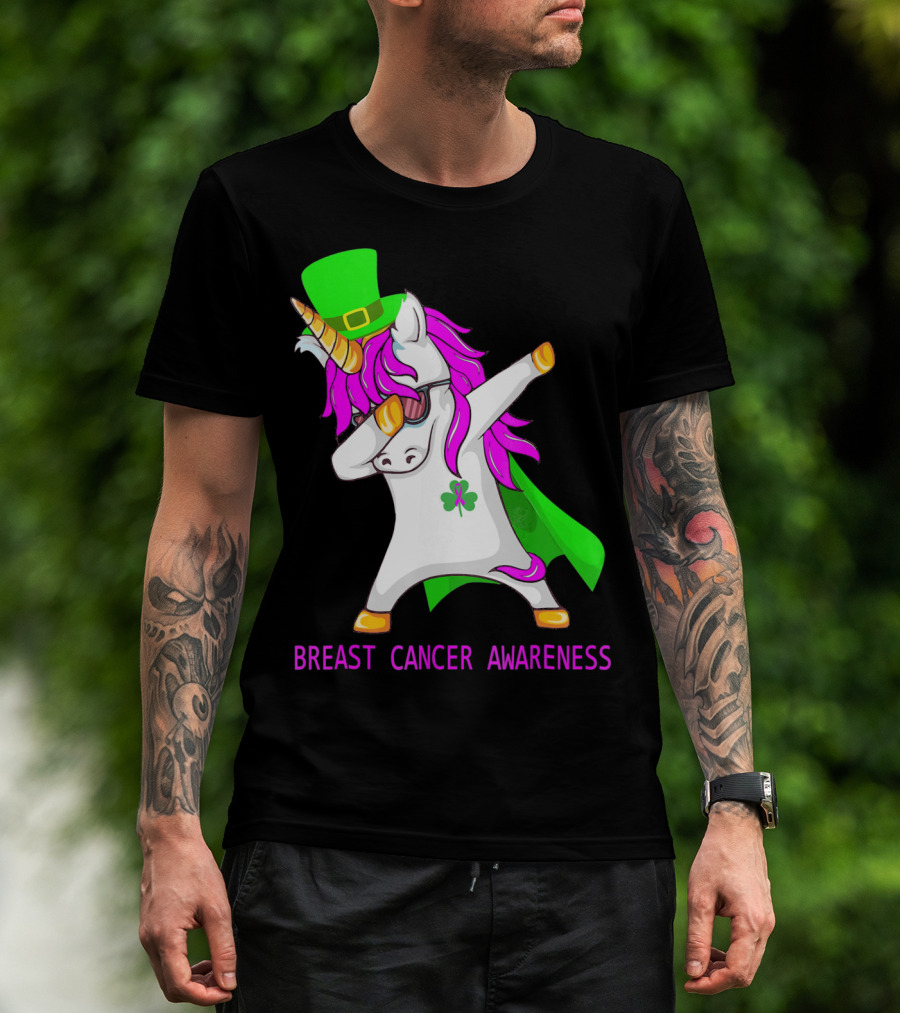 Unicorn Breast Cancer Awareness Dabbing With Green Hat And Clover Patrick T-Shirt