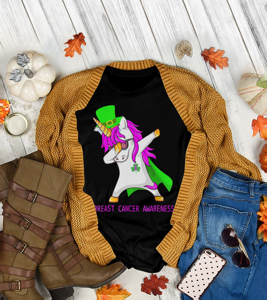 Unicorn Breast Cancer Awareness Dabbing with Green Hat and Clover Patrick T-Shirt