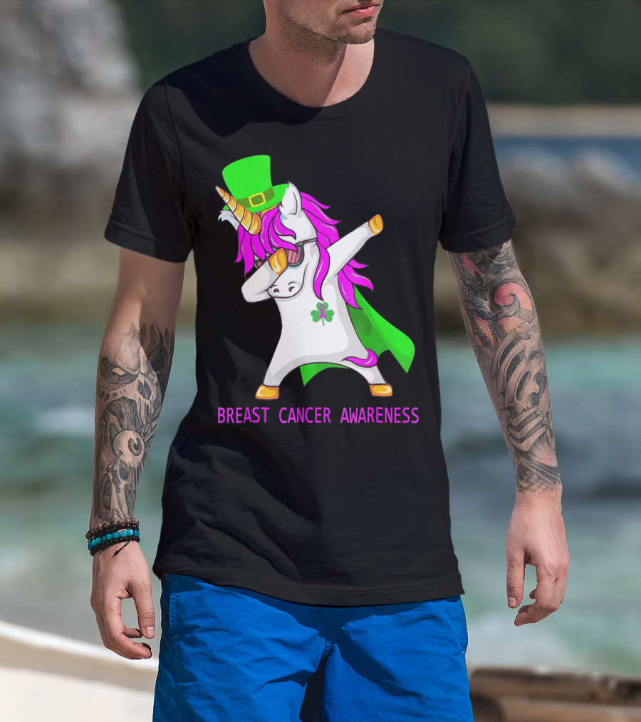 Unicorn Breast Cancer Awareness Dabbing With Green Hat And Clover Patrick T-Shirt
