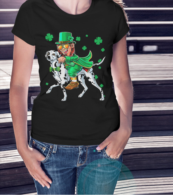 Leprechaun Riding Dalmatian With Shamrocks St. Patrick's Day T-Shirt