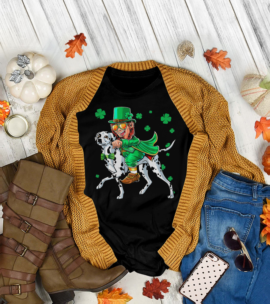 Leprechaun Riding Dalmatian with Shamrocks St. Patrick's Day T-Shirt