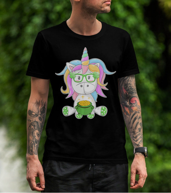 Unicorn Face Saint Patricks Day Shamrock Glasses Pot Of Gold T-Shirt