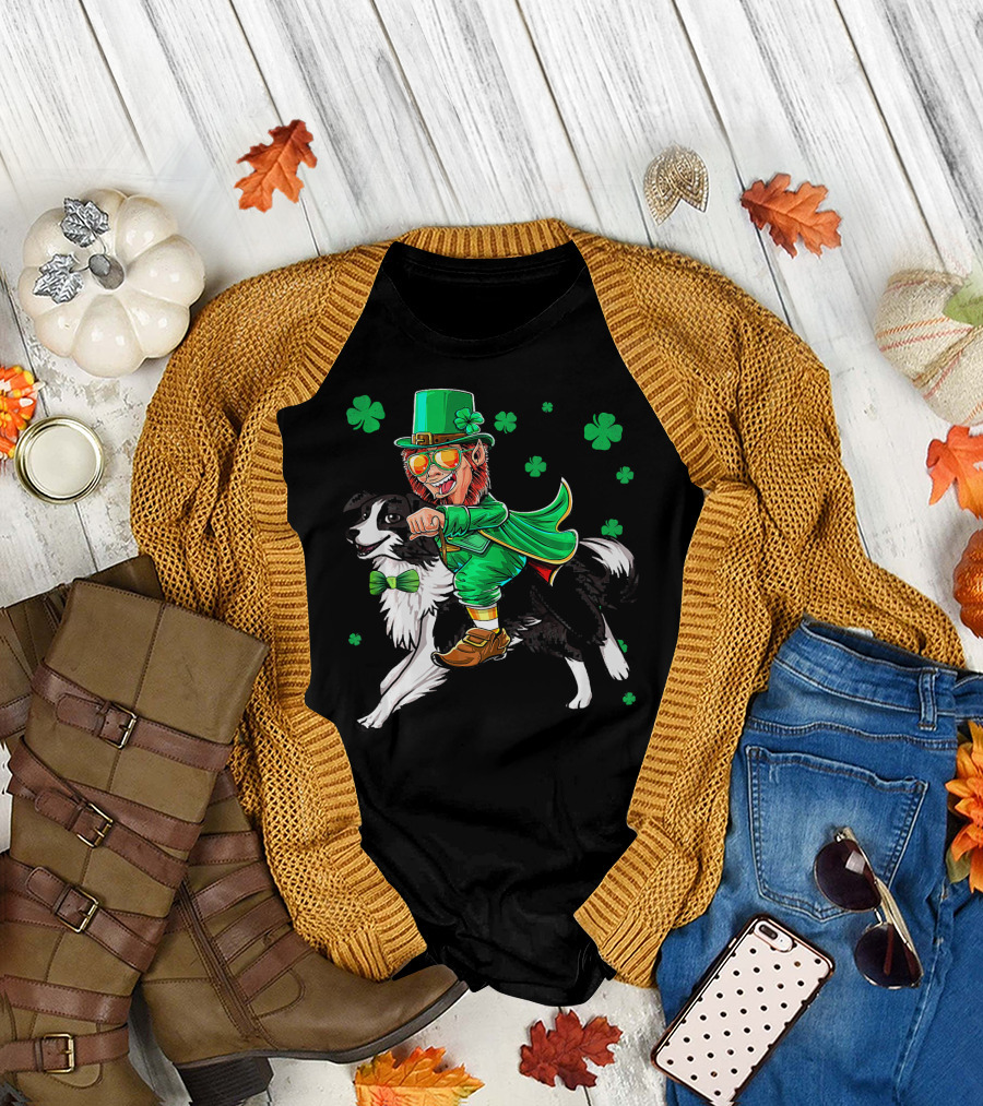 Leprechaun Riding Border Collie with Shamrocks T-Shirt