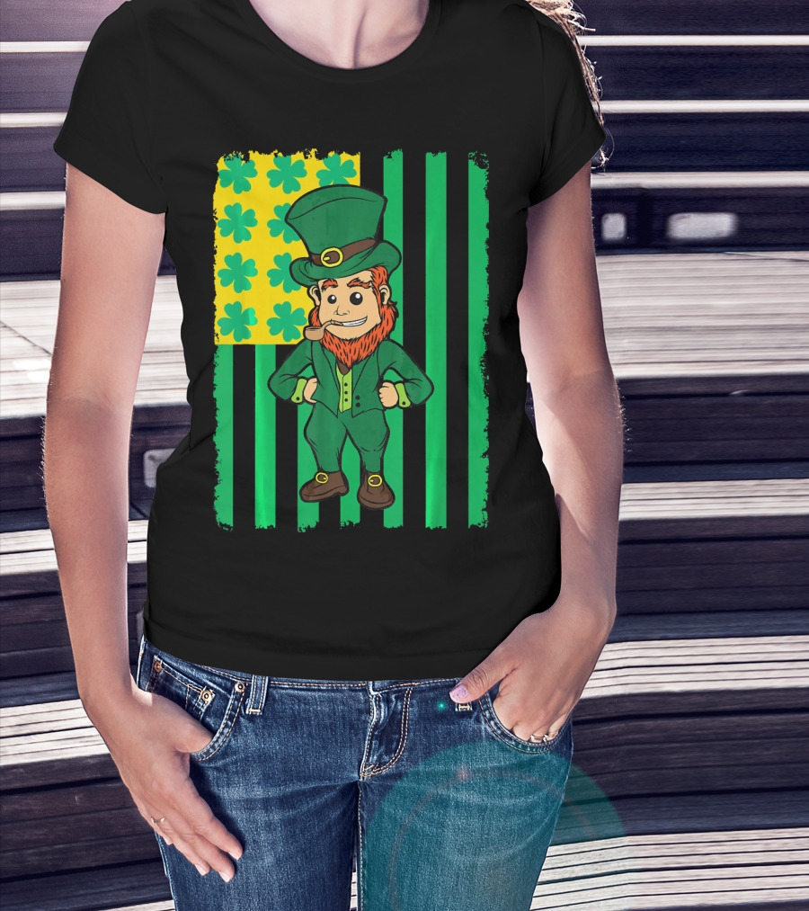Irish American Leprechaun With Clover Flag T-Shirt