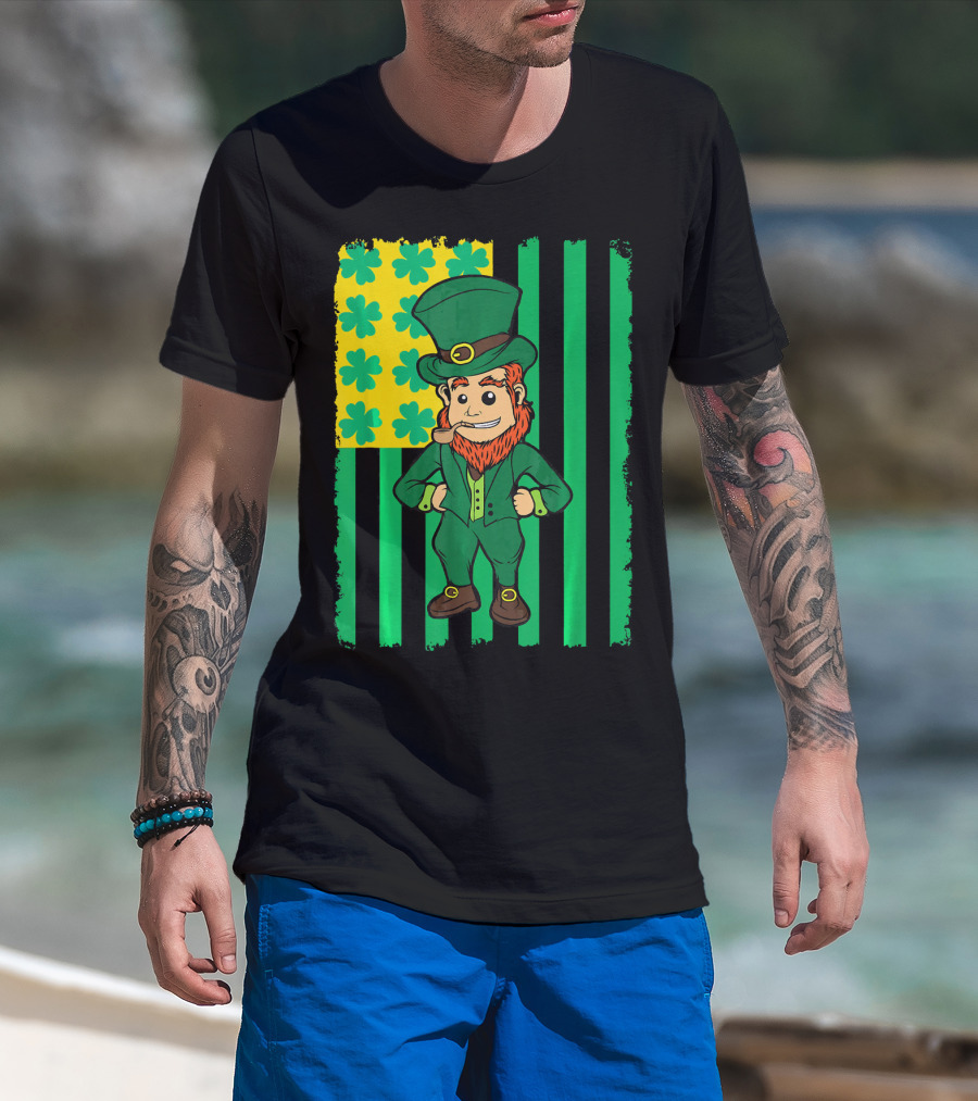 Irish American Leprechaun With Clover Flag T-Shirt