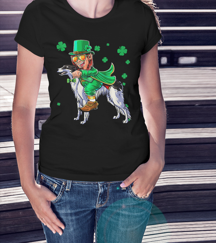 Leprechaun Riding Borzoi With Shamrocks St. Patrick's Day T-Shirt