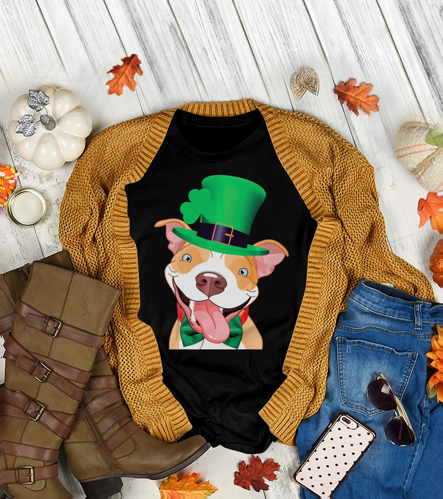 Irish Pitbull St Patricks Day Funny Leprechaun Hat Shamrock T-Shirt