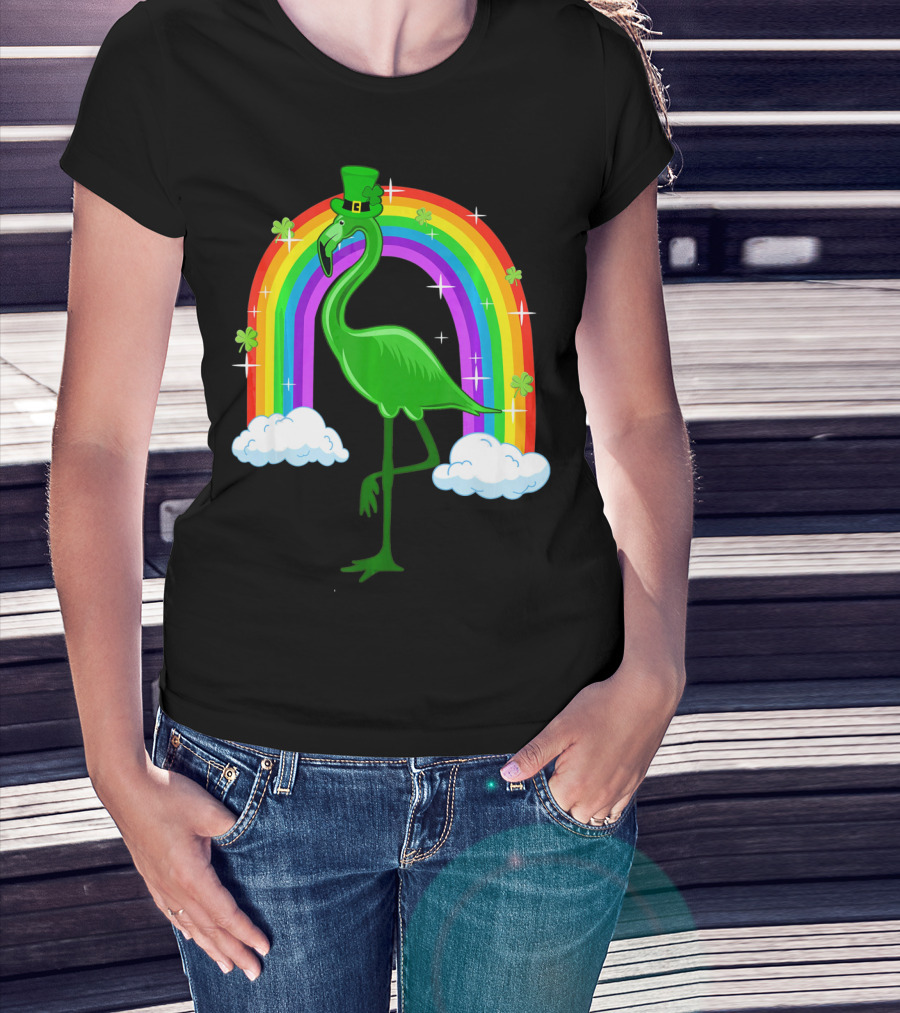 Leprechaun Flamingo With Rainbow And Clovers T-Shirt