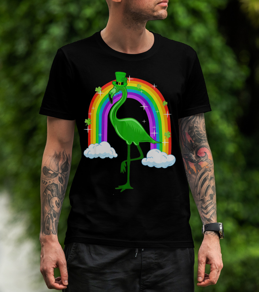 Leprechaun Flamingo With Rainbow And Clovers T-Shirt