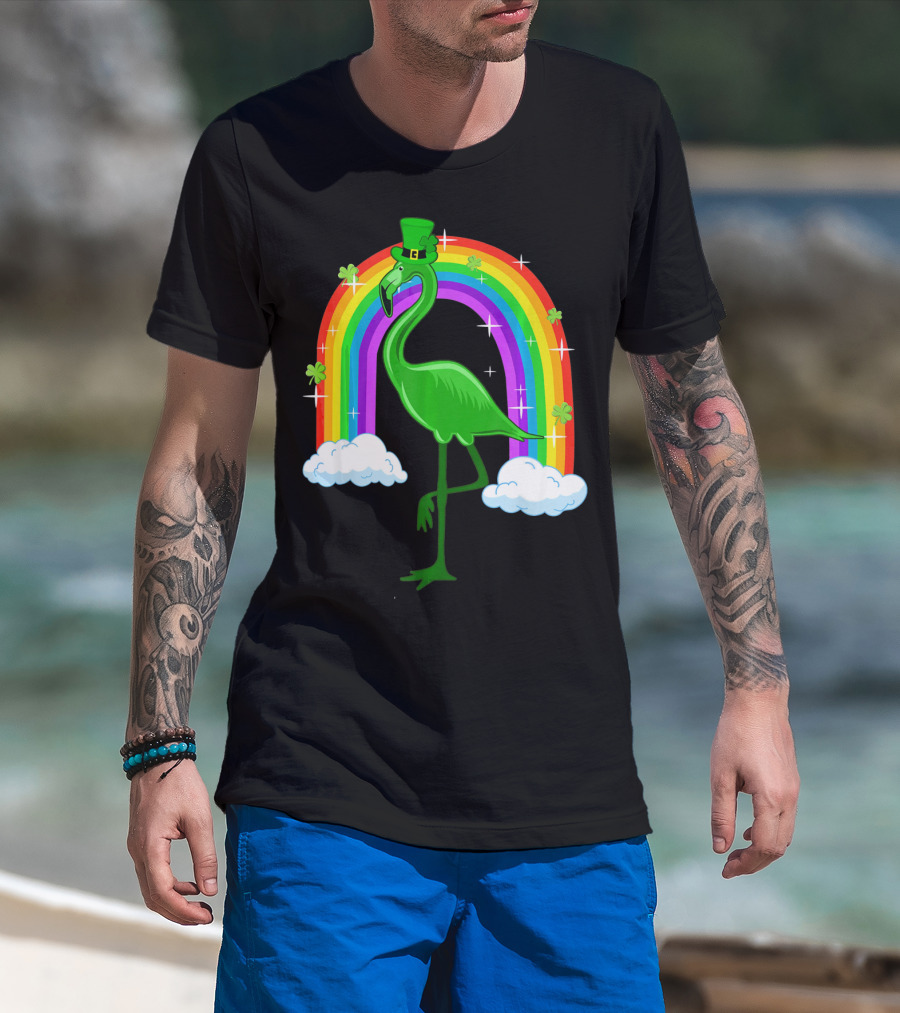 Leprechaun Flamingo With Rainbow And Clovers T-Shirt