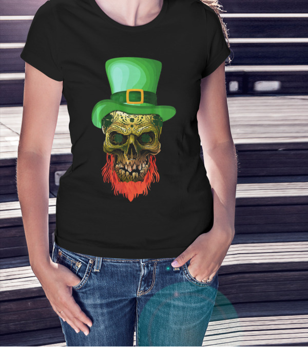 Skull Leprechaun Irish Green Hat Red Beard T-Shirt