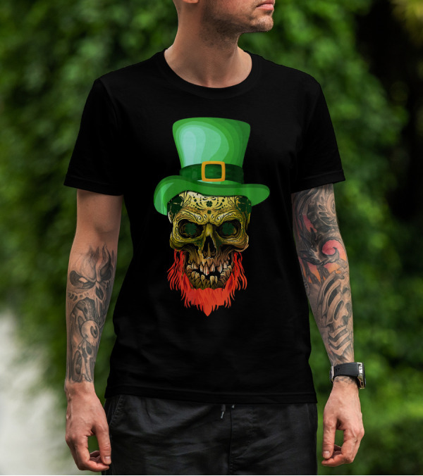 Skull Leprechaun Irish Green Hat Red Beard T-Shirt