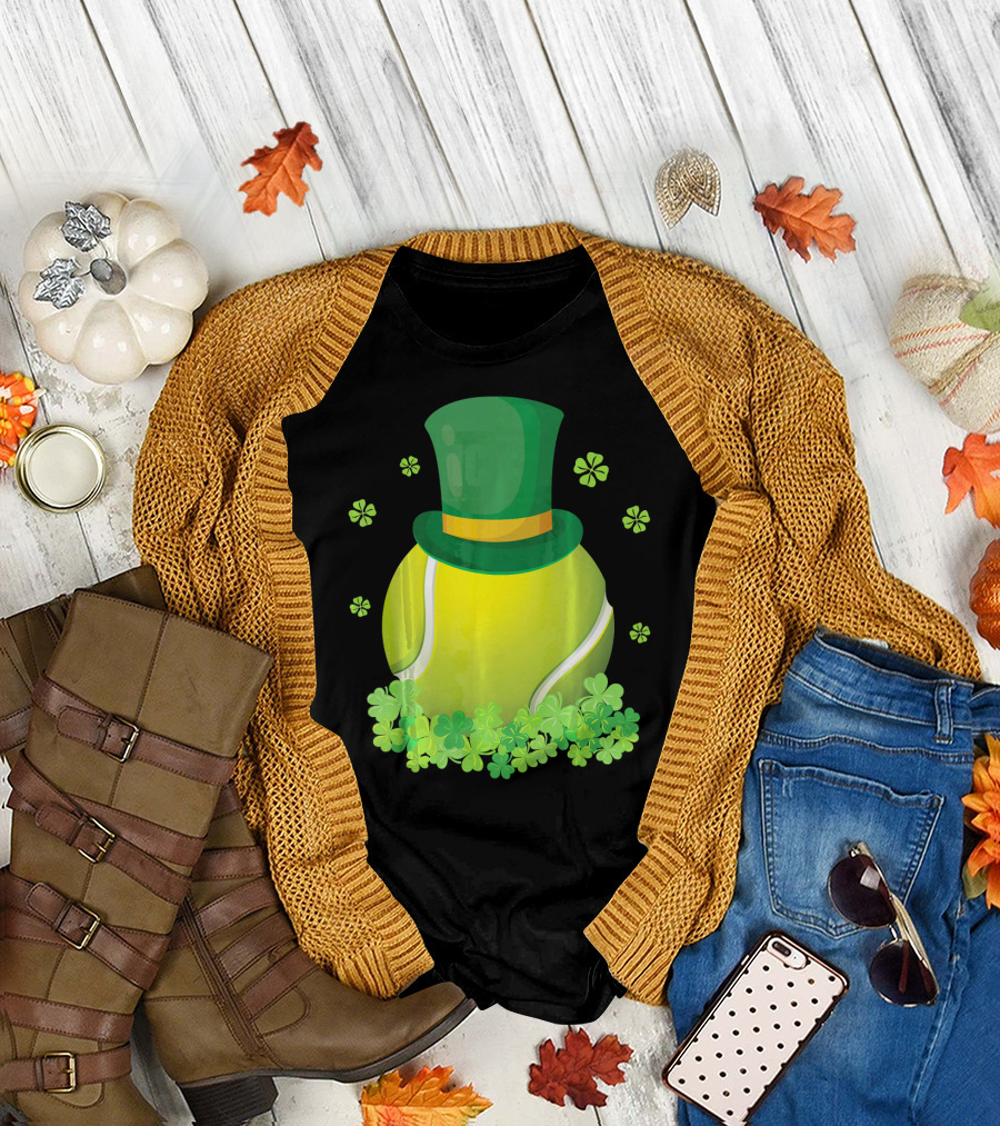 Leprechaun Hat Tennis Ball Surrounded by Shamrocks T-Shirt