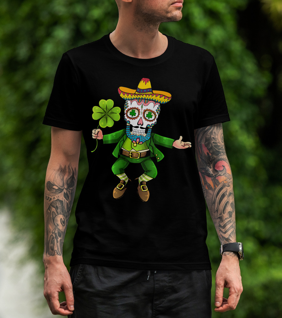 Cinco De Mayo Leprechaun Sugar Skull Sombrero And Shamrock T-Shirt