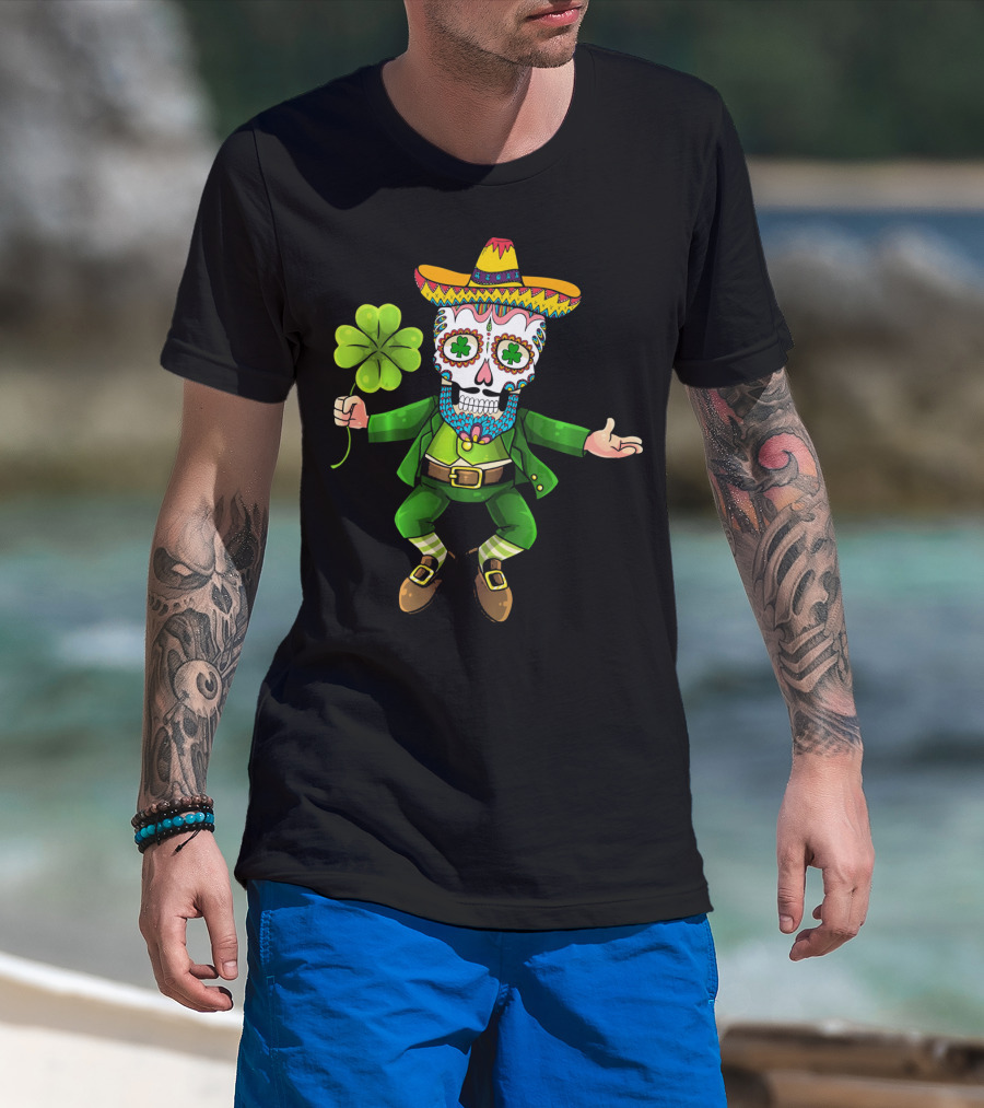 Cinco De Mayo Leprechaun Sugar Skull Sombrero And Shamrock T-Shirt