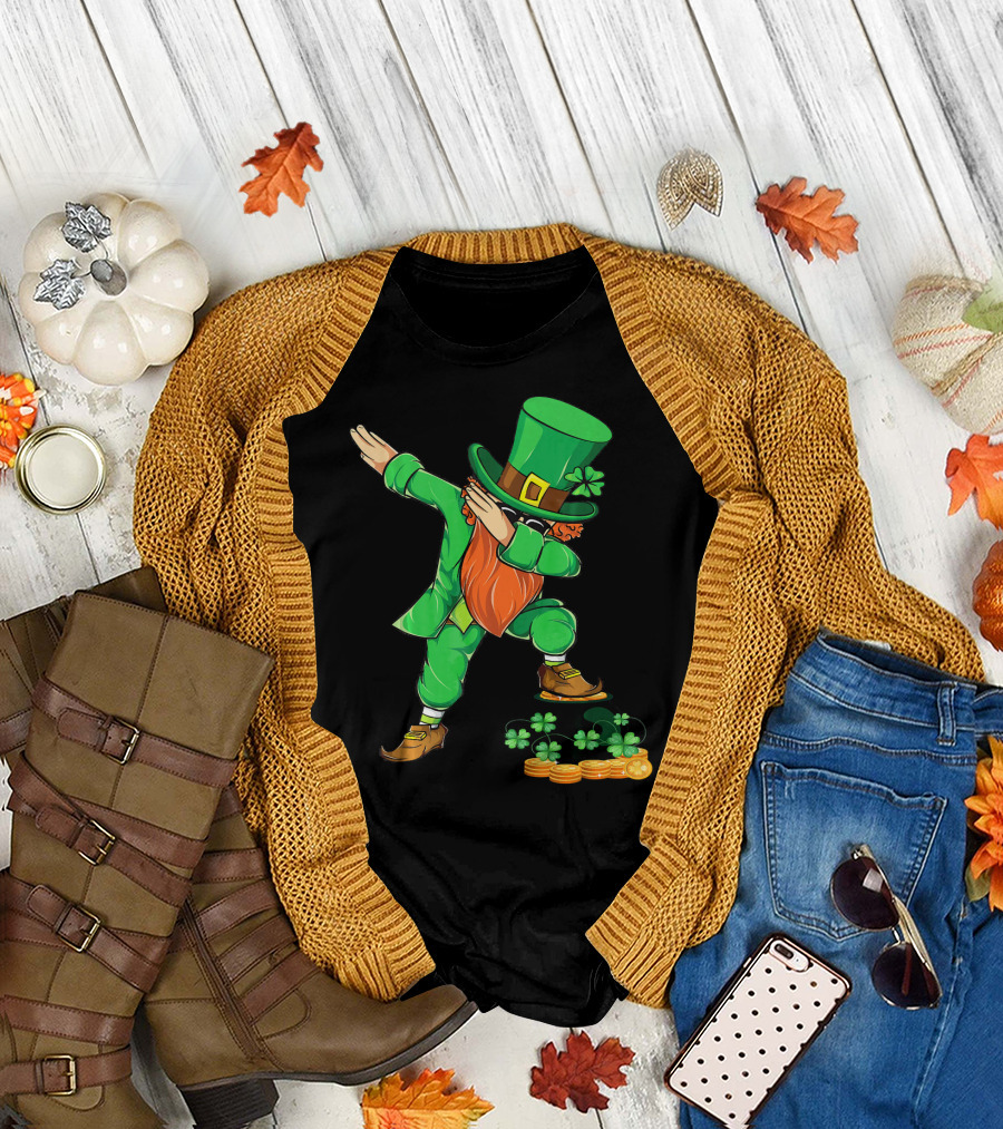 Leprechaun Dabbing with Shamrocks and Gold Coins T-Shirt